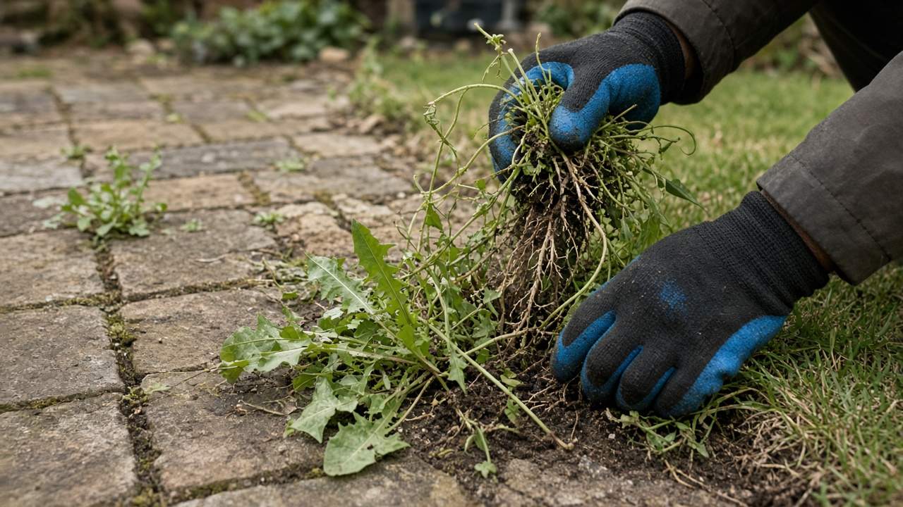 Weeds being pulled from a patio edge and lawn