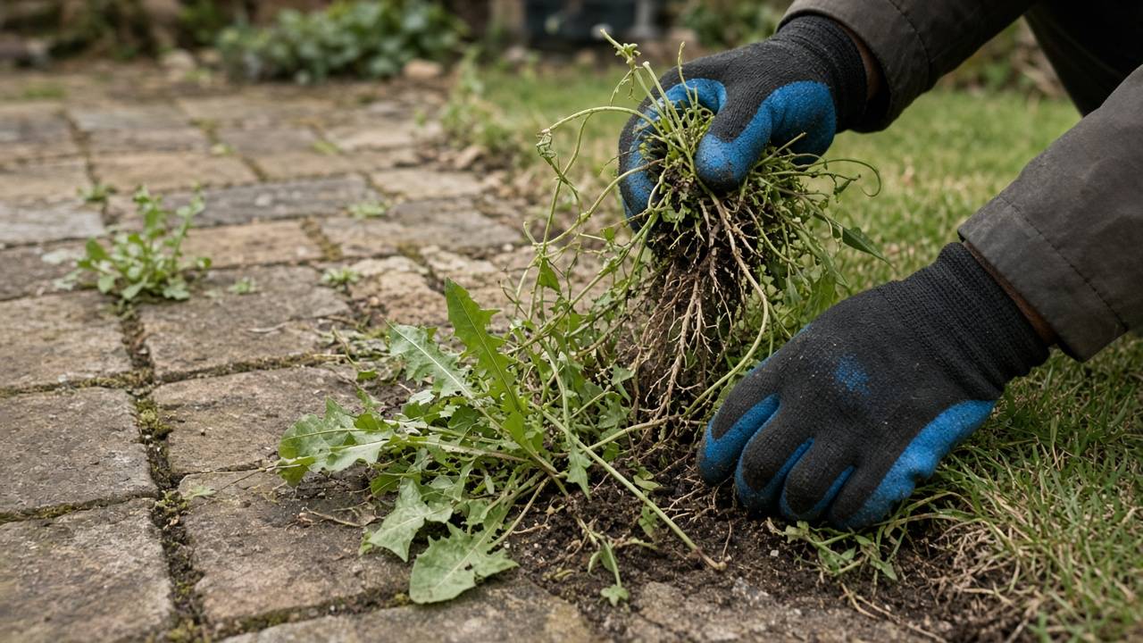 Weeds being pulled from a patio edge and lawn